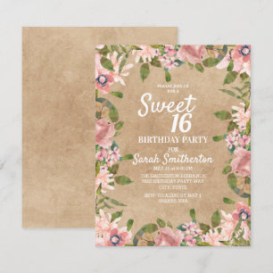 Convites Rustic Kraft Rosa Floral Aquarela Doze Anos