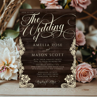 Convites Rustic Lace and Wood Script Calligraphy Wedding