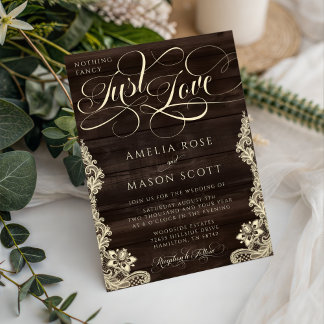 Convites Rustic Lace Dark Wood Just Love Script Wedding