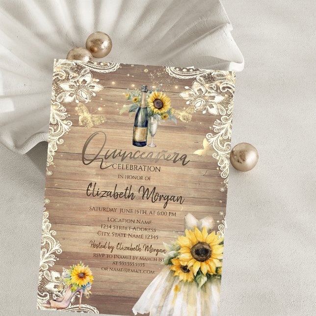 Convites Rustic Lace,Dress,Lights,Sunflowers Quinceañera  (Criador carregado)