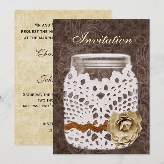 Convites Rustic Lace Invadiu Casamento Mason Jar (Frente/Verso)