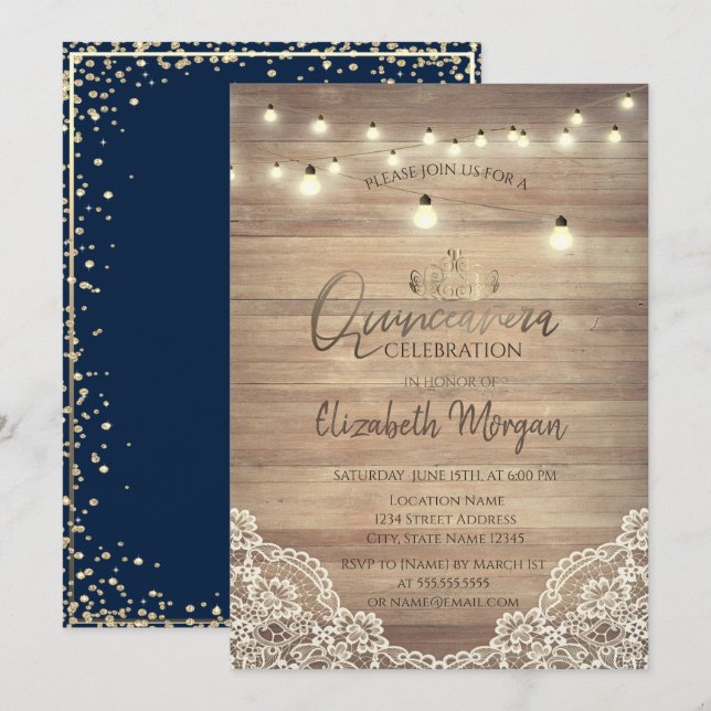 Convites Rustic Lace,Luzes,Tiara,Diamantes Quinceañera (Frente/Verso)