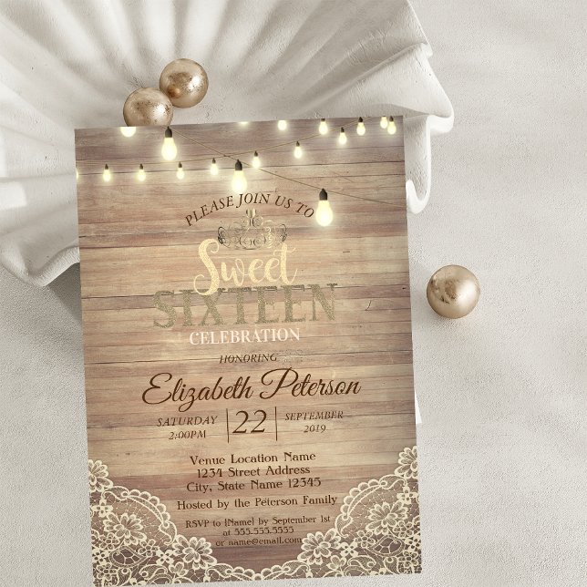 Convites Rustic Lace,Luzes,Tiara,Festa Sweet 16 (Criador carregado)