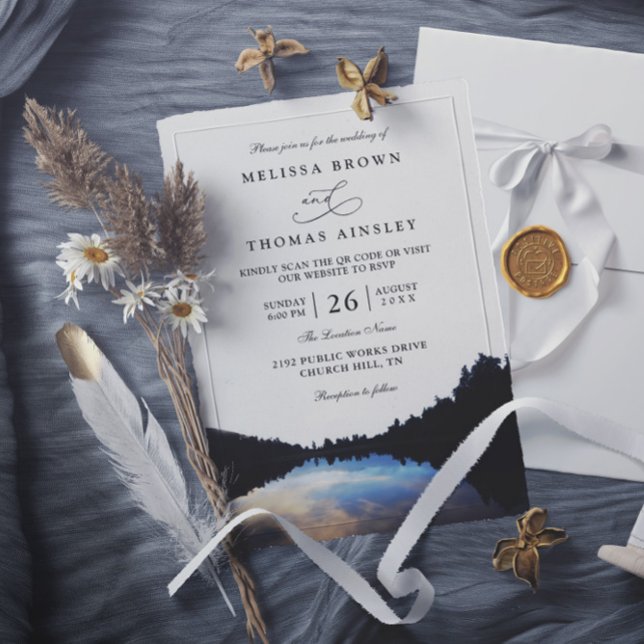 Convites Rustic Lake Reflections Lakeside QR Code Wedding (Criador carregado)