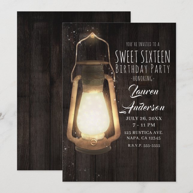 Convites Rustic Lantern Lights Barn Wood Sweet 16 Party (Frente/Verso)