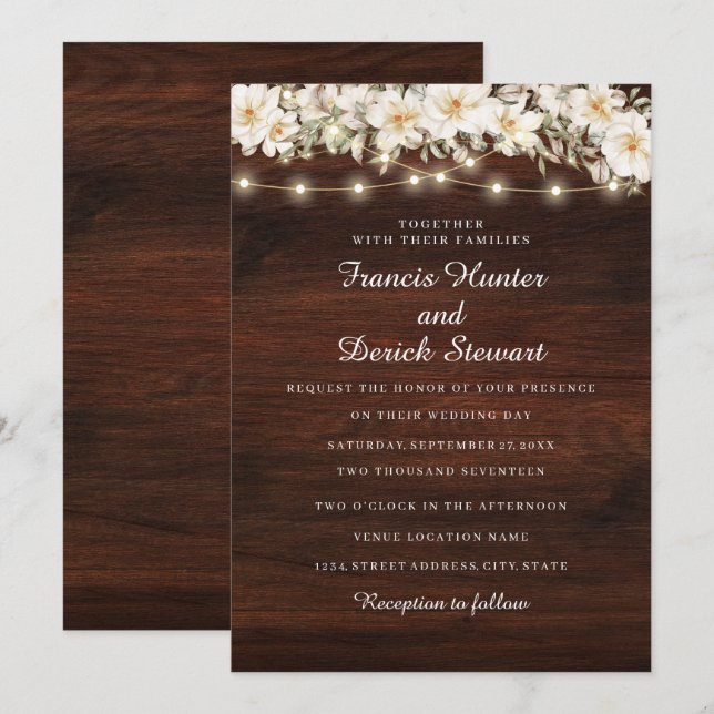 Convites Rustic Leaf String Light Wood Weditation (Frente/Verso)