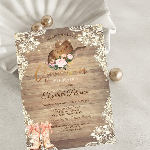 Convites Rustic Lights Lace Cowboy Hat Boots Quinceañera 