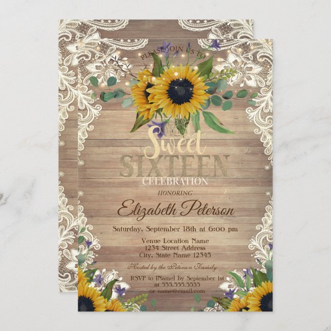 Convites Rustic Lights,Lace Sunflowers Sweet 16 Party (Frente/Verso)