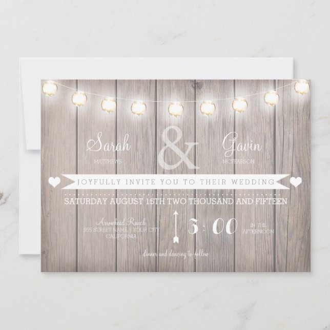 Convites Rustic Lights Wedding Texto personalizável para co (Frente)