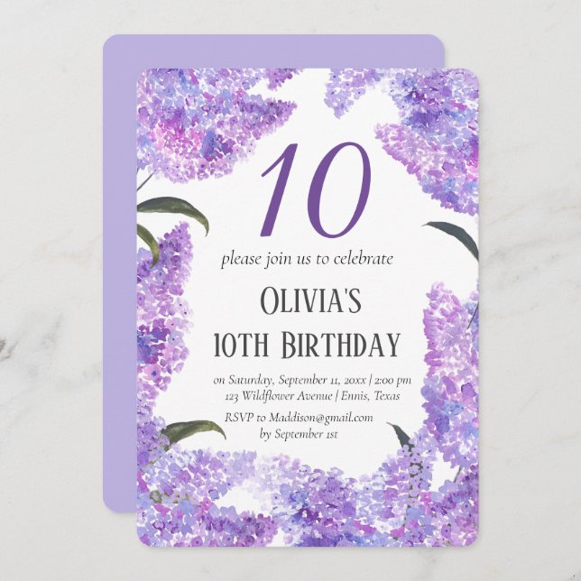 Convites Rustic Lilac 10th Birthday (Frente/Verso)