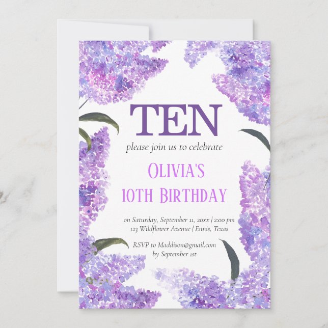 Convites Rustic Lilac 10th Birthday (Frente)