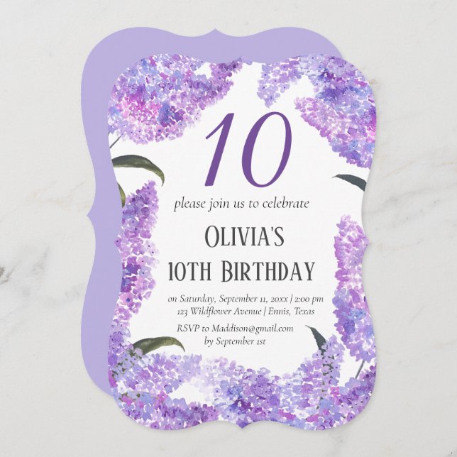 Convites Rustic Lilac 10th Birthday (Frente/Verso)