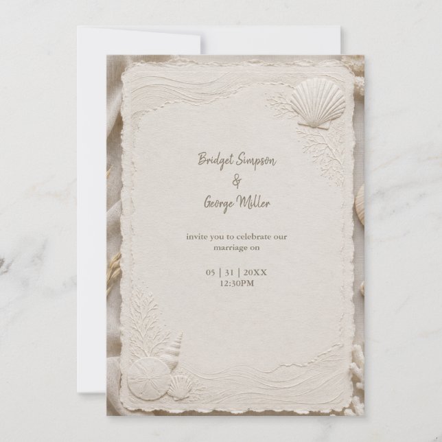 Convites Rustic Linen Coastal Wedding Seashells (Frente)