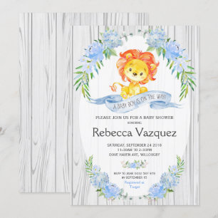 Convites Rustic Lion Blue Floral Baby Shower Invants