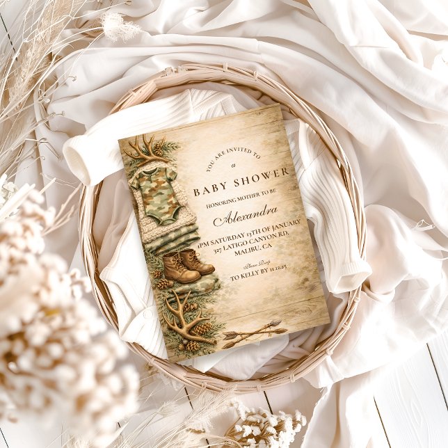 Convites Rustic Little Hunter Woodland Baby Shower (Criador carregado)