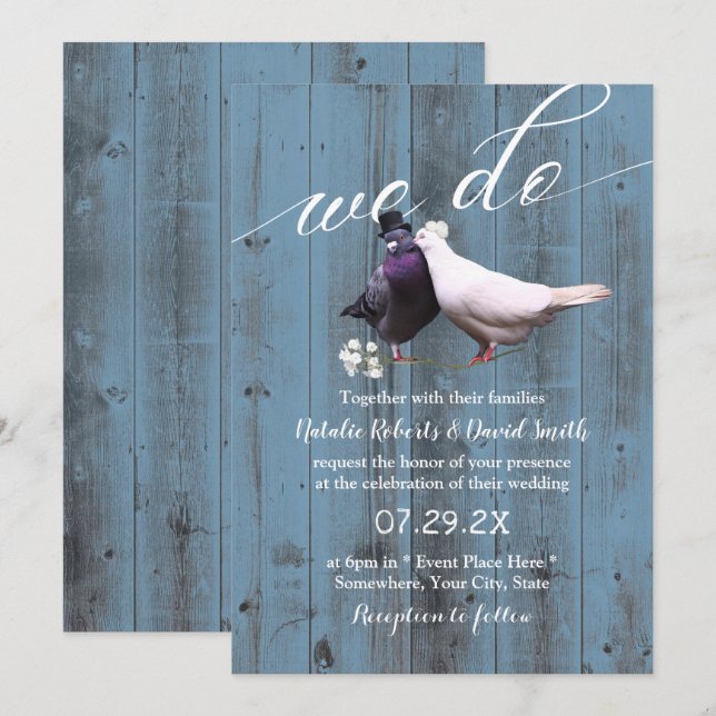 Convites Rustic Lovebird Nós Fazemos Casamento De Pão Azul  (Frente/Verso)