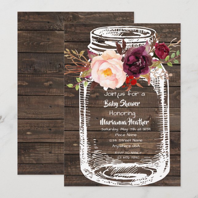 Convites Rustic Mason Jar Boho Floral Marsala Chá de fralda (Frente/Verso)