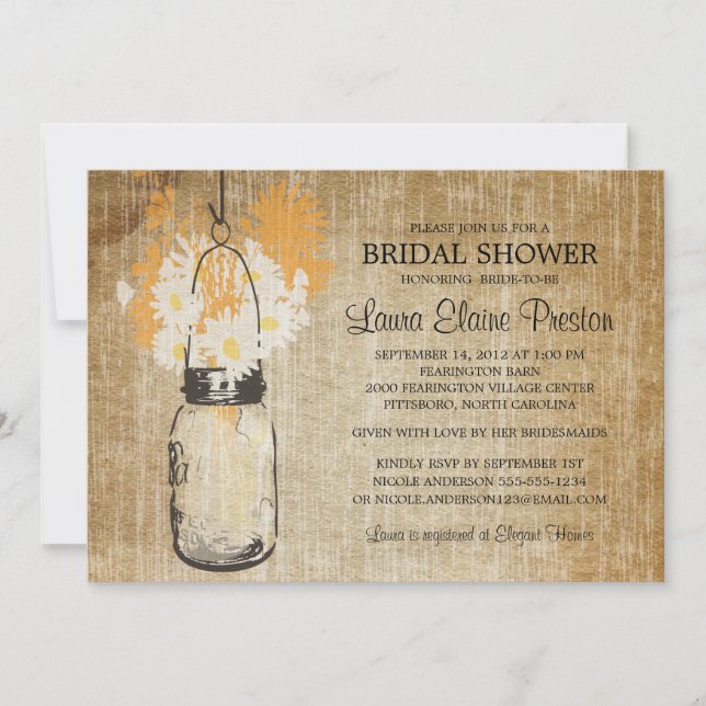 Convites Rustic Mason Jar e Wildflower Daisies (Frente)