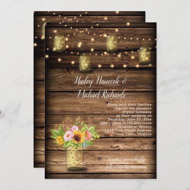 Convites Rustic Mason Jar Fireflies Sunflower String Light (Frente/Verso)