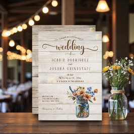 Convites Rustic Mason Jar Floral on Wood Wedding Invitation