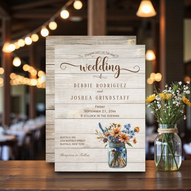 Convites Rustic Mason Jar Floral on Wood Wedding Invitation (Criador carregado)
