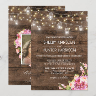 Convites Rustic Mason Jar Lights Foto Blush Floral Casament