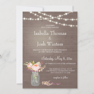 Convites Rustic Mason Jar Lights Pink Peony Buquê Casamento