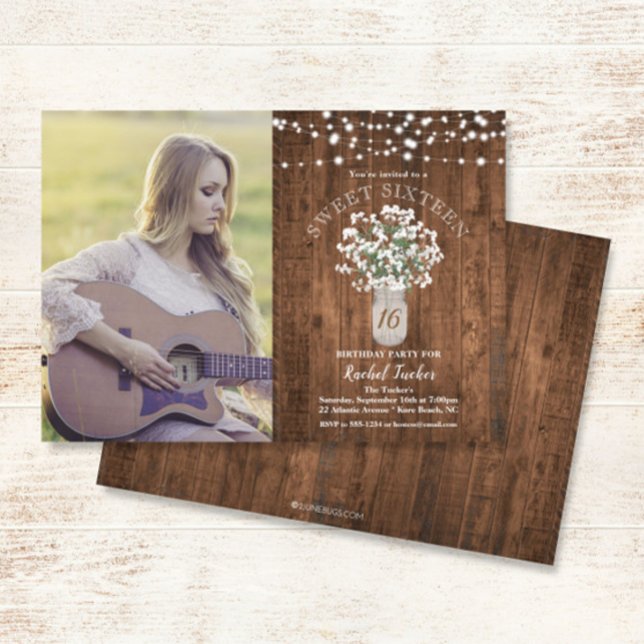 Convites Rustic Mason Jar Lights Sweet 16 Foto de aniversár (Criador carregado)