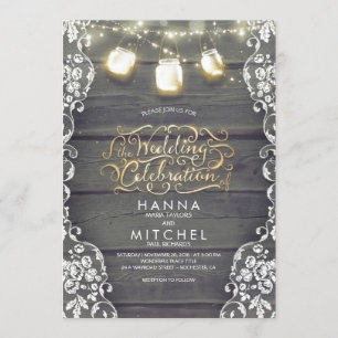 Convites Rustic Mason Jar Lights Wood and Lace Weds