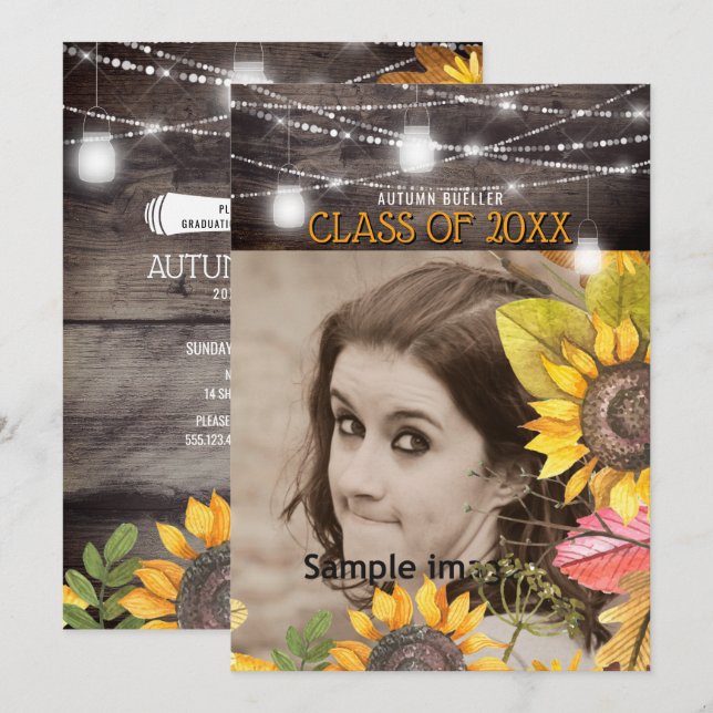 Convites Rustic Mason Jar Luz Girassol Graduação de Foto (Frente/Verso)