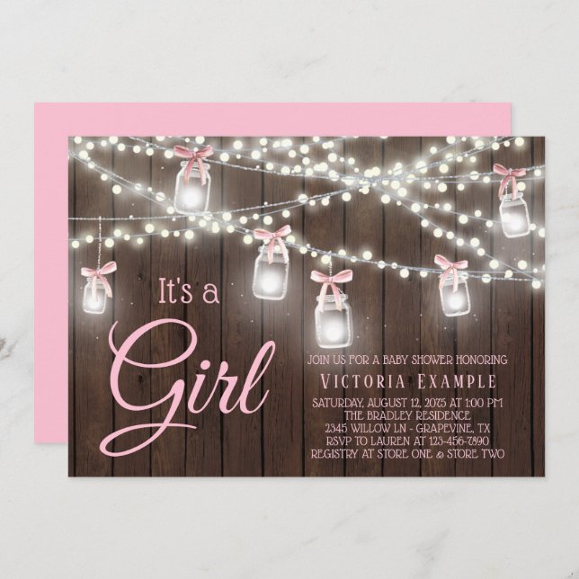 Convites Rustic Mason Jar String Light Baby Girl Chá Inv (Frente/Verso)