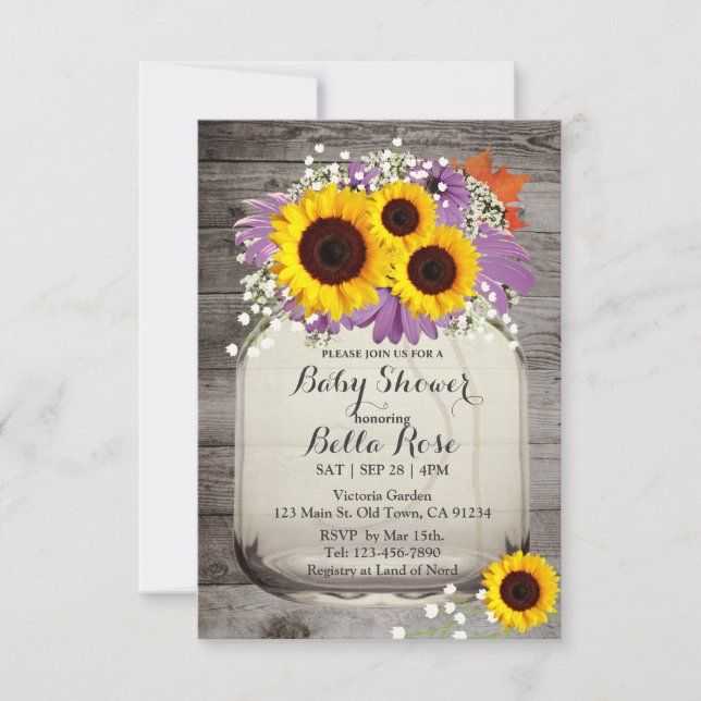 Convites Rustic Mason Jar Sunflower Baby Shower (Frente)