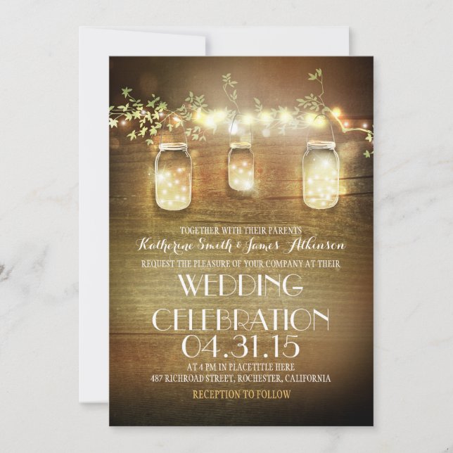 Convites Rustic Mason Jars String Luzes Elegante Casamento (Frente)