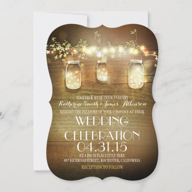 Convites Rustic Mason Jars String Luzes Elegante Casamento (Frente)