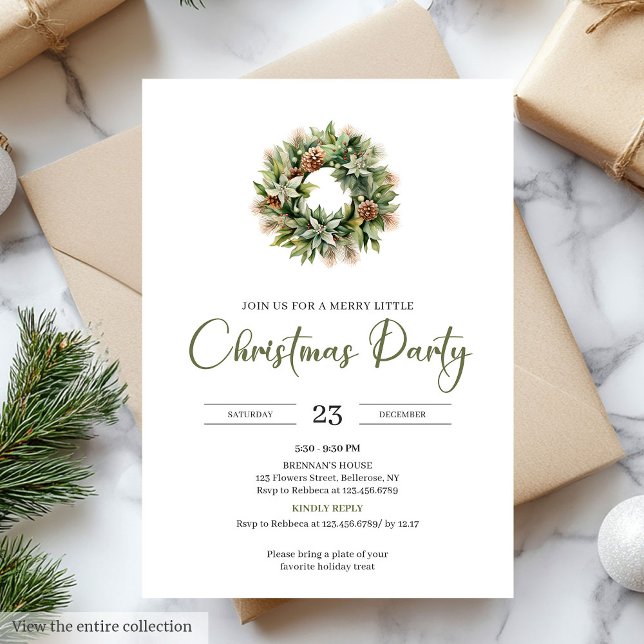 Convites Rustic Minimal Sage Ivory Christmas Wreath (Rustic Minimal Sage Ivory Christmas Party)
