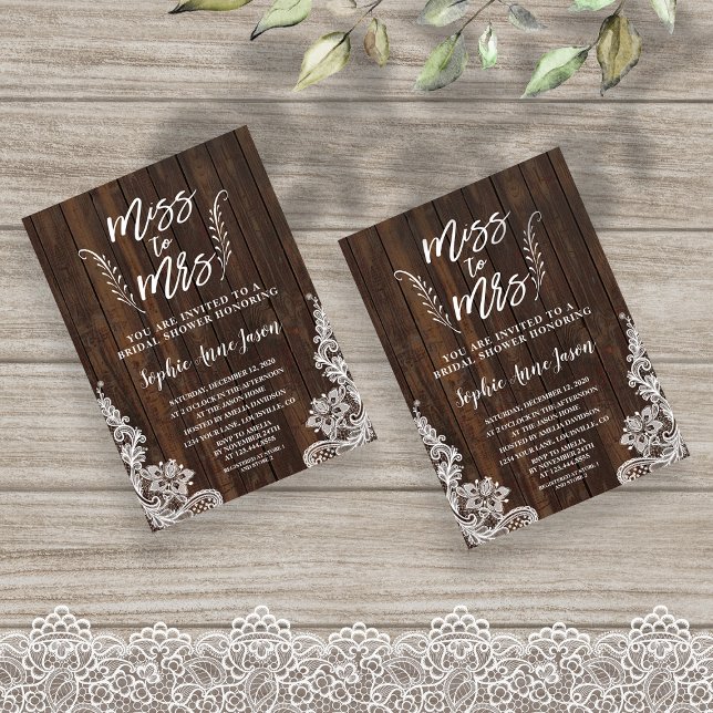 Convites Rustic Miss To Mrs Wood Lace Chá de panela (miss to mrs invitation)