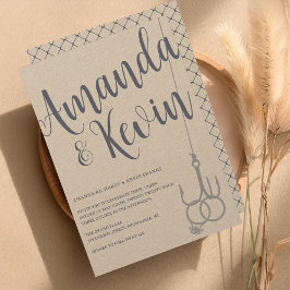 Convites Rustic Modern Fish Hook Casamento Ring Kraft Blue