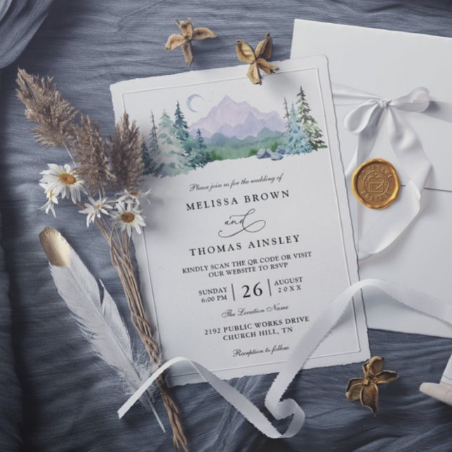 Convites Rustic Mountain Forest Landscape QR Code Wedding (Criador carregado)
