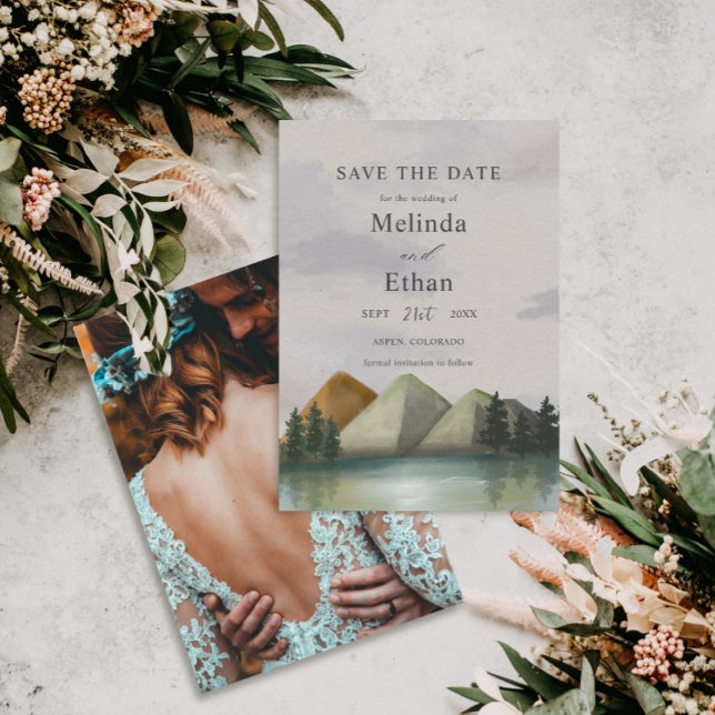 Convites Rustic Mountain & Lake Evergreen Salvar Data (Criador carregado)