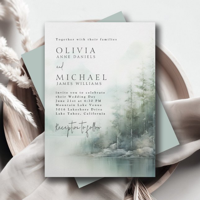 Convites Rustic Mountain Lake Misty Pines Modern Wedding (Criador carregado)