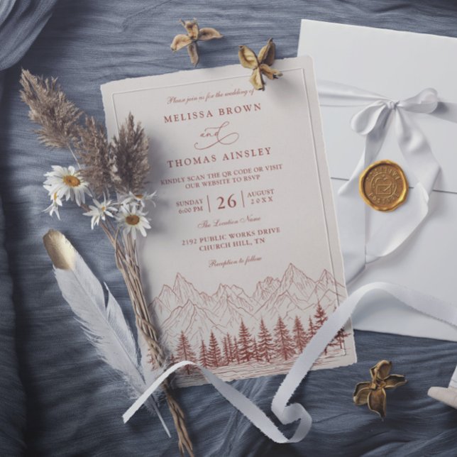 Convites Rustic Mountain Pine Terracotta QR Code Wedding (Criador carregado)