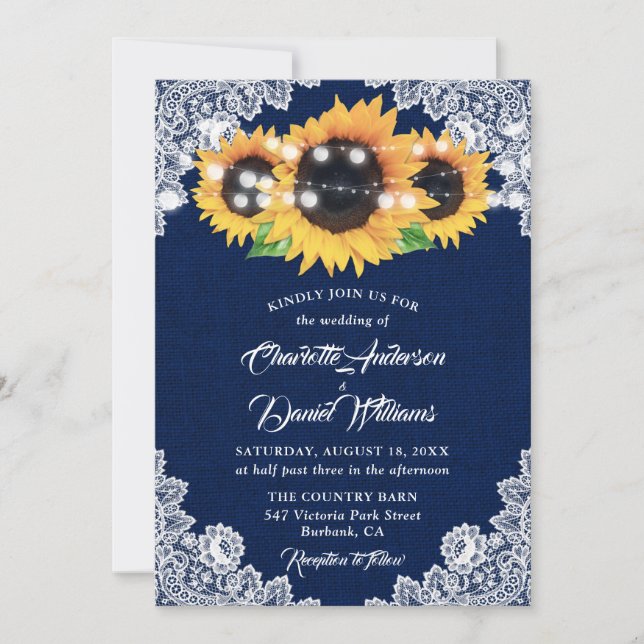 Convites Rustic Navy Blue Burlap Lace Sunflower Wedding (Frente)