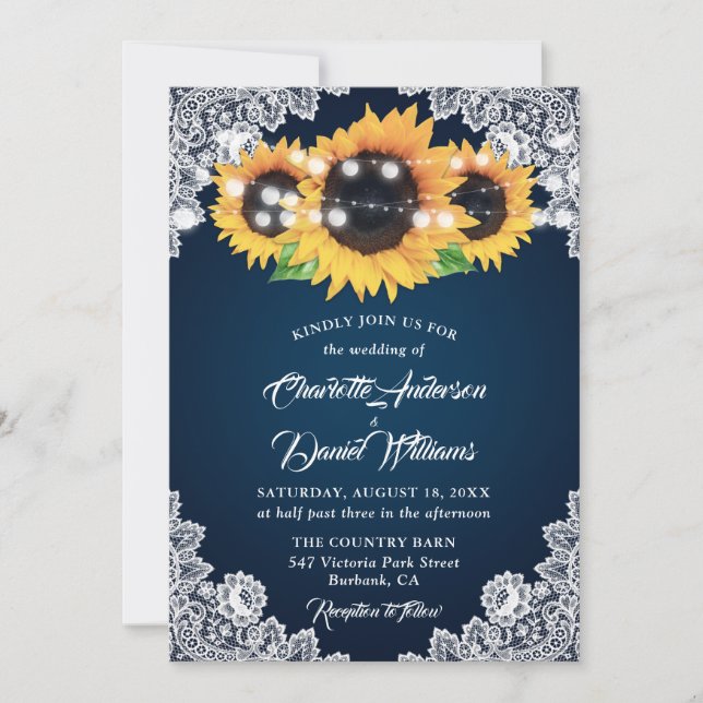 Convites Rustic Navy Blue Burlap Lace Sunflower Wedding (Frente)