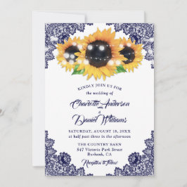 Convites Rustic Navy Blue Floral Lace Sunflower Wedding