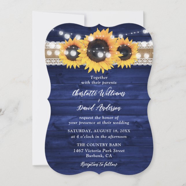 Convites Rustic Navy Blue Sunflower Wood Wedding (Frente)