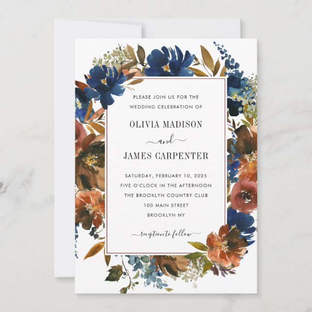Convites Rustic Navy Blue Terracotta Floral Fall Wedding (Frente)