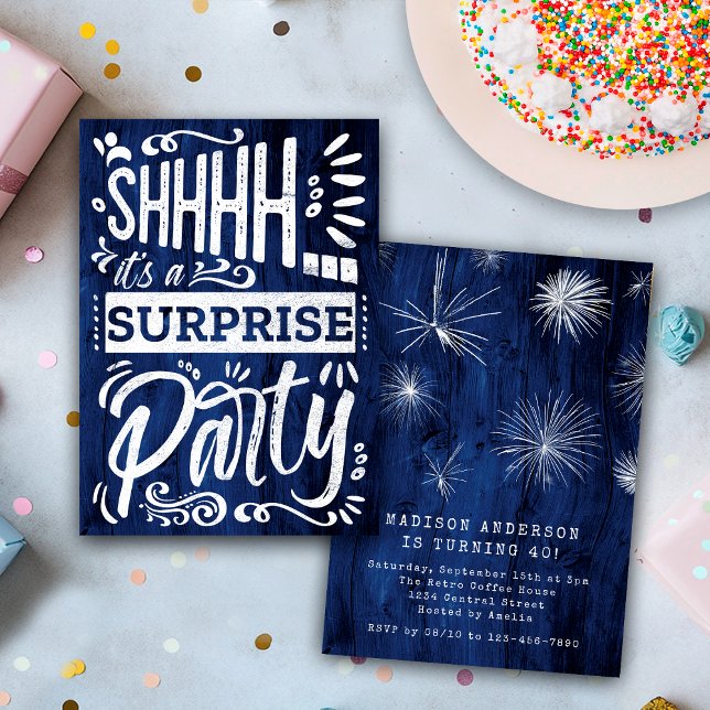 Convites Rustic Navy Blue Wood Shh Surprise Birthday Party (Criador carregado)