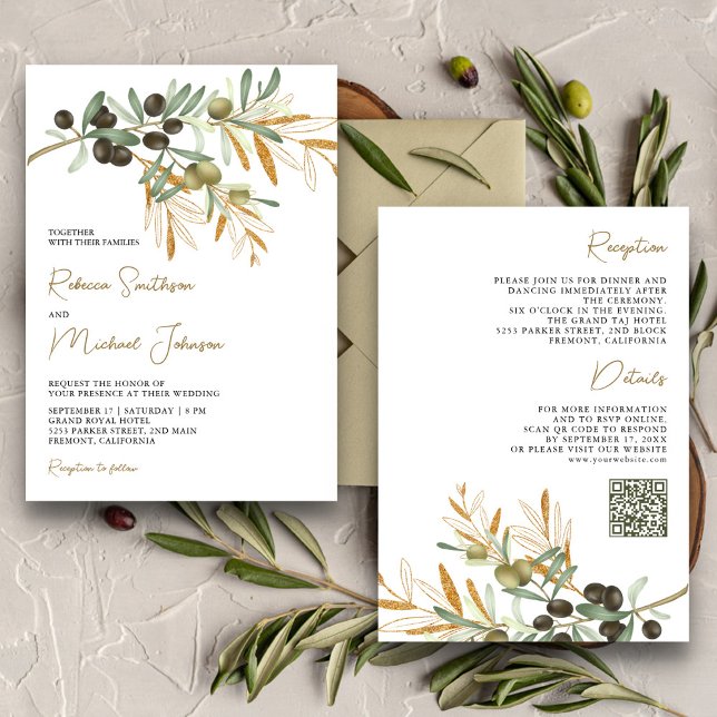 Convites Rustic Olive Sai Tudo em Um Casamento de Código QR (Criador carregado)