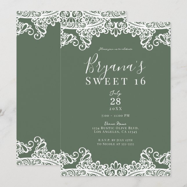 Convites Rustic Olive & White Lace Elegant Sweet 16 Party (Frente/Verso)