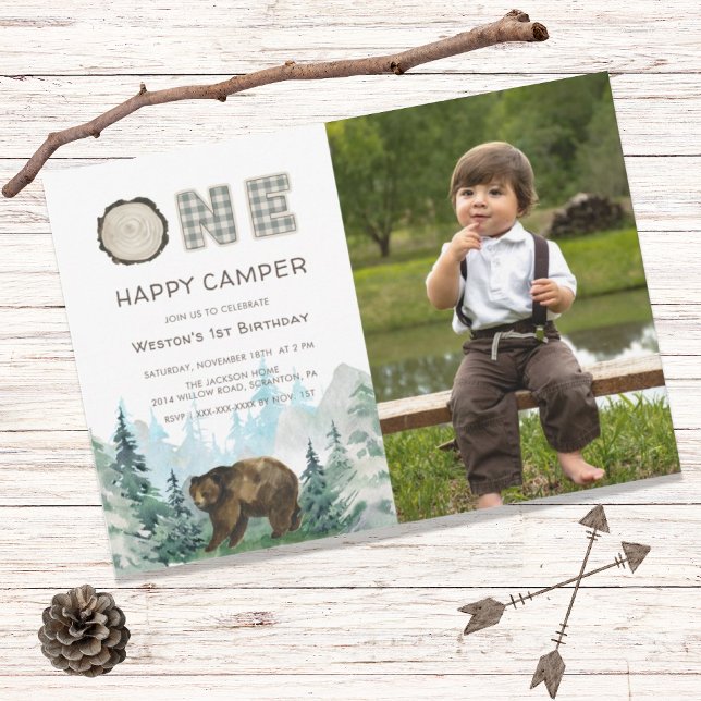 Convites Rustic One Happy Camper Photo Birthday (Criador carregado)